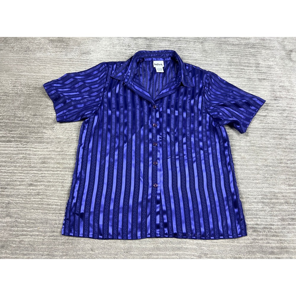BonWorth Button Down Top Womens XSP Purple Striped Satin Pointelle Short Sleeve